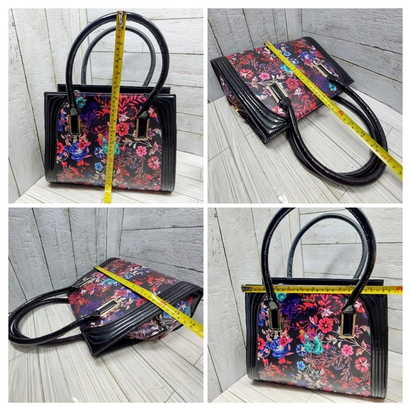 Bebe Black Multi-Floral Print Med/Lrg 2Handle Zip Pockets Square Satchel Handbag - Picture 7 of 8
